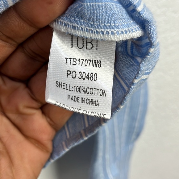 Tobi Women’s Blue White Striped Shirt Off the Shoulder Long Bell Sleeve Size S/P - Picture 4 of 9